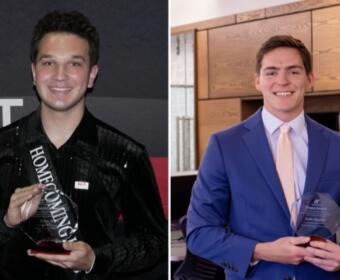 Young man in a shiny black shirt holding a crystal award with a white sash reading Homecoming on his chest. But concise: 'Young man in a shiny black shirt holding a crystal award with a Homecoming sash.'