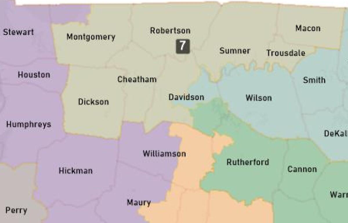 The new Congress Tennessee District 7 map proposed this week in the General Assembly. (Contributed)