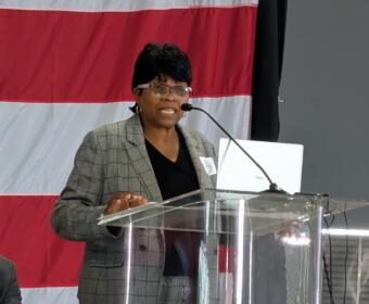 Clarksville mayor candidate Wanda Smith speaks at the Clarksville Industrial Association meeting on May 7, 2026. (Chris Smith)