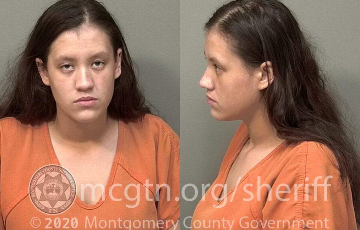 Mugshot of a young woman with long dark hair in an orange jail uniform, shown from front and side; Montgomery County Sheriff's Office watermark.