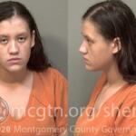 Mugshot of a young woman with long dark hair in an orange jail uniform, shown from front and side; Montgomery County Sheriff's Office watermark.