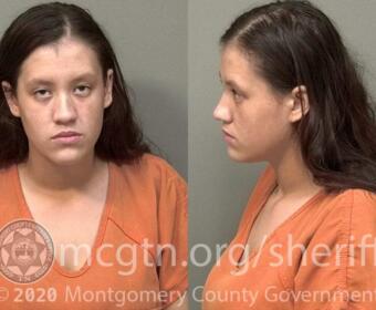 Mugshot of a young woman with long dark hair in an orange jail uniform, shown from front and side; Montgomery County Sheriff's Office watermark.