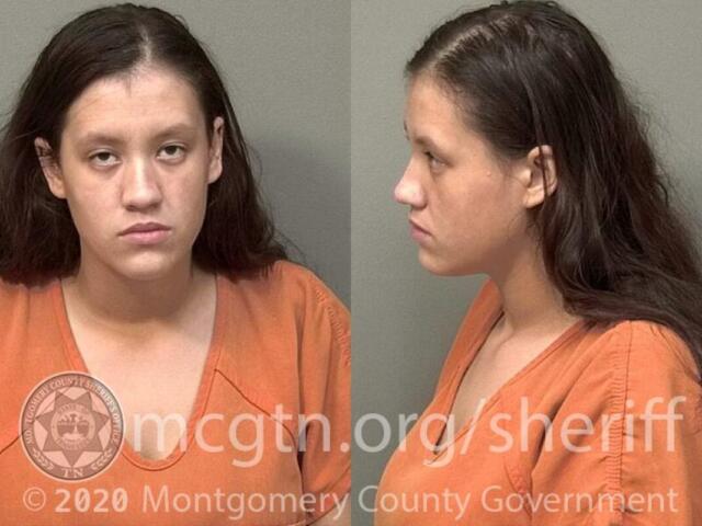 Mugshot of a young woman with long dark hair in an orange jail uniform, shown from front and side; Montgomery County Sheriff's Office watermark.
