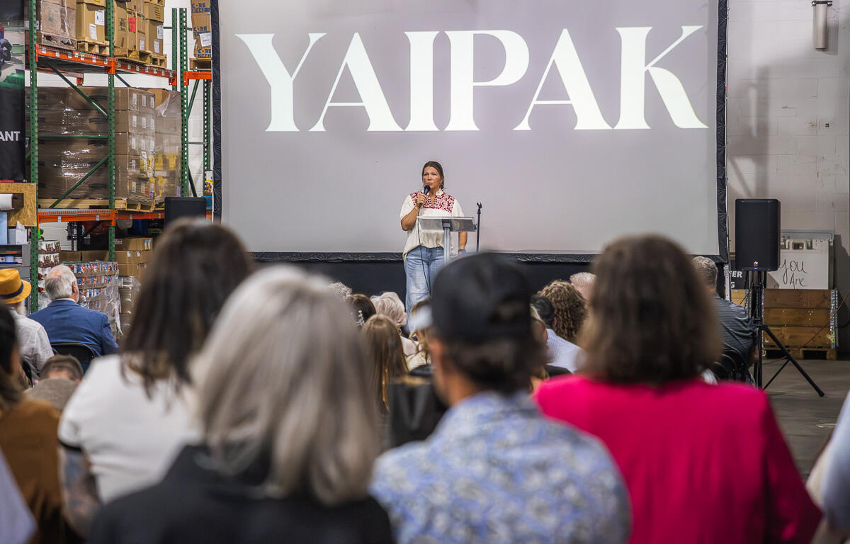 Speaker on stage delivering talk in a warehouse, large 'YAIPAK' logo on screen behind, audience seated in foreground.