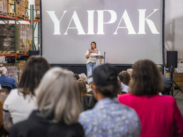 Speaker on stage delivering talk in a warehouse, large 'YAIPAK' logo on screen behind, audience seated in foreground.
