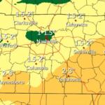 Weather map of central Tennessee showing forecast storm total precipitation in inches; green around Nashville indicates 1–1.5", with yellow/orange areas up to 2–3"; legend on left.