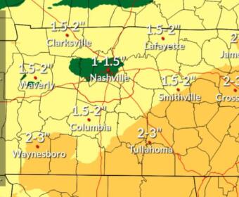 Weather map of central Tennessee showing forecast storm total precipitation in inches; green around Nashville indicates 1–1.5", with yellow/orange areas up to 2–3"; legend on left.