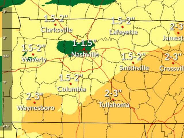Weather map of central Tennessee showing forecast storm total precipitation in inches; green around Nashville indicates 1–1.5", with yellow/orange areas up to 2–3"; legend on left.