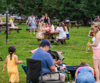 People picnicking in a park at wooden tables, kids playing on the grass, and a woman pouring a drink outdoors on a sunny day.