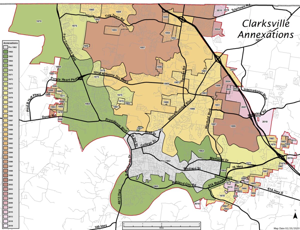 Clarksville annexations by year, up to February 2020. (CMC Regional Planning Commission, contributed)
