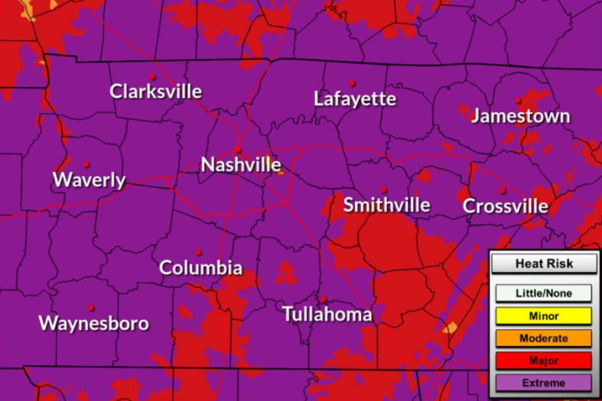 Heat risk starting Monday, June 29, 2026, in Middle Tennessee. (NWS, contributed)