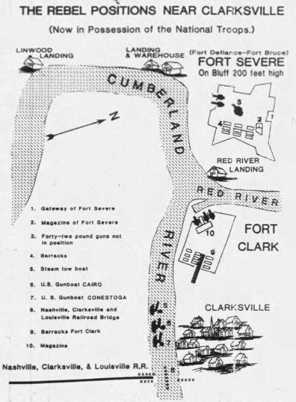 A map from the March 4, 1862, edition of The New York Times. Sevier Station, next to Fort Defiance, is mislabeled "Fort Severe." (Image from The Leaf-Chronicle, May 26, 1991)
