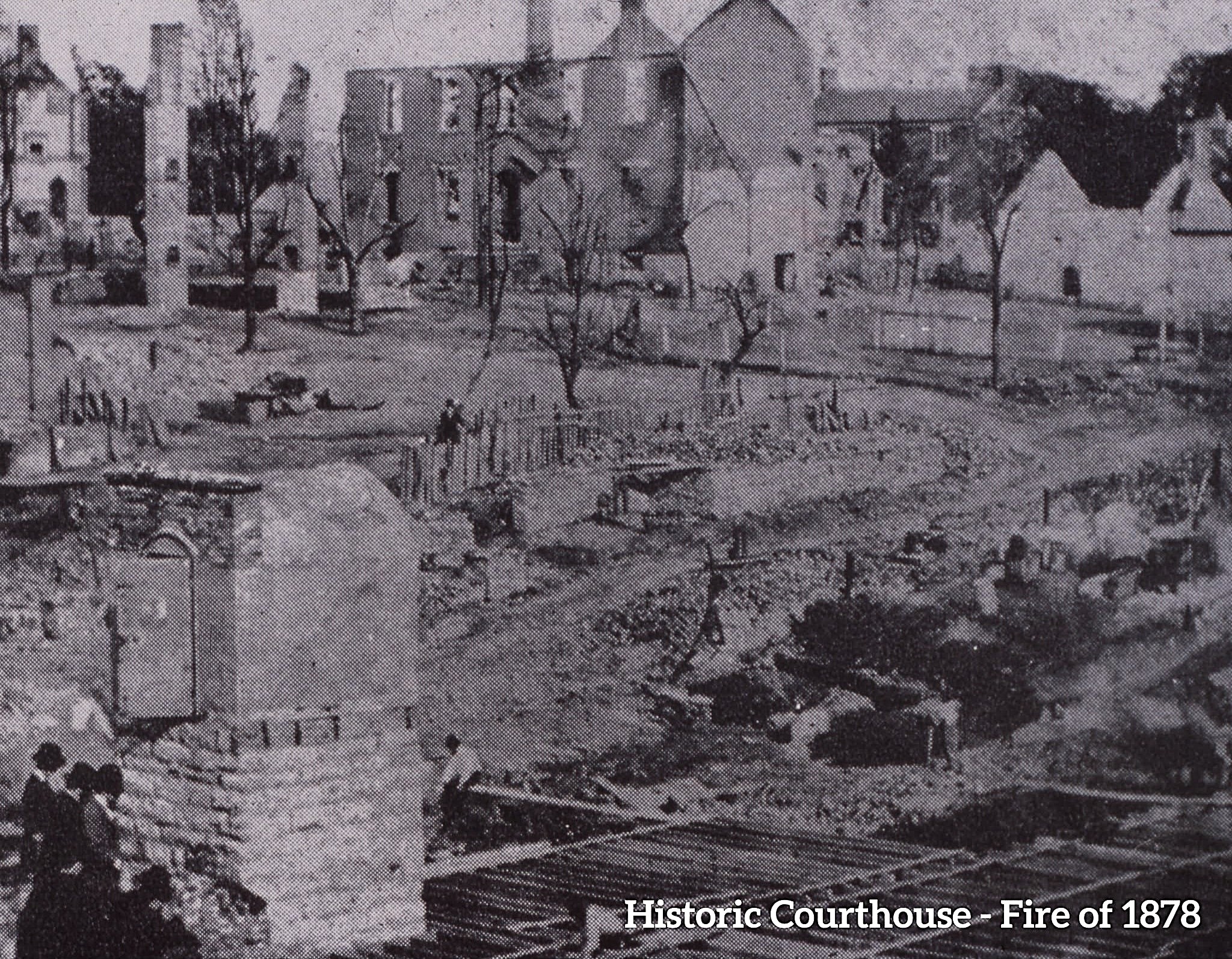 The Great Fire of 1878, looking southeast from Franklin Street. In the foreground at left is the still-standing vault that was inside Franklin Bank. In the center back are the remains of the Central Hotel. (Historic Clarksville, Montgomery County Archives, Ursula Beach collection, contributed)