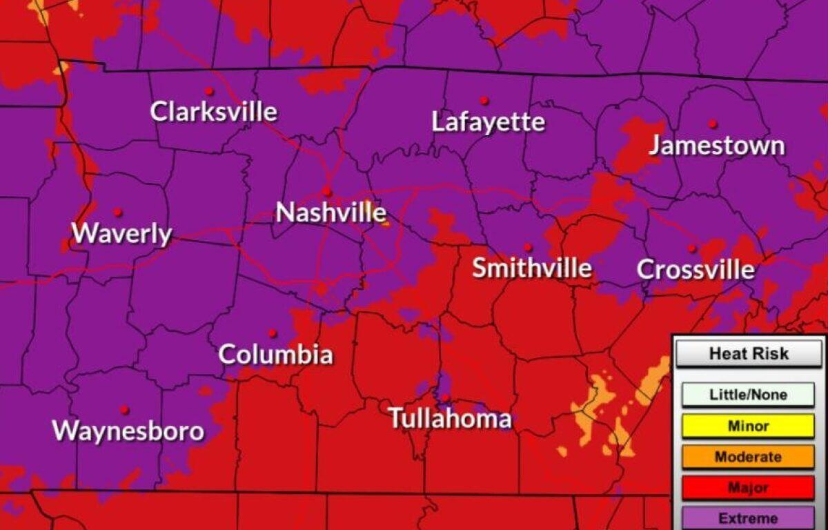 Heat risk starting Monday, June 29, 2026, in Middle Tennessee. (NWS, contributed)