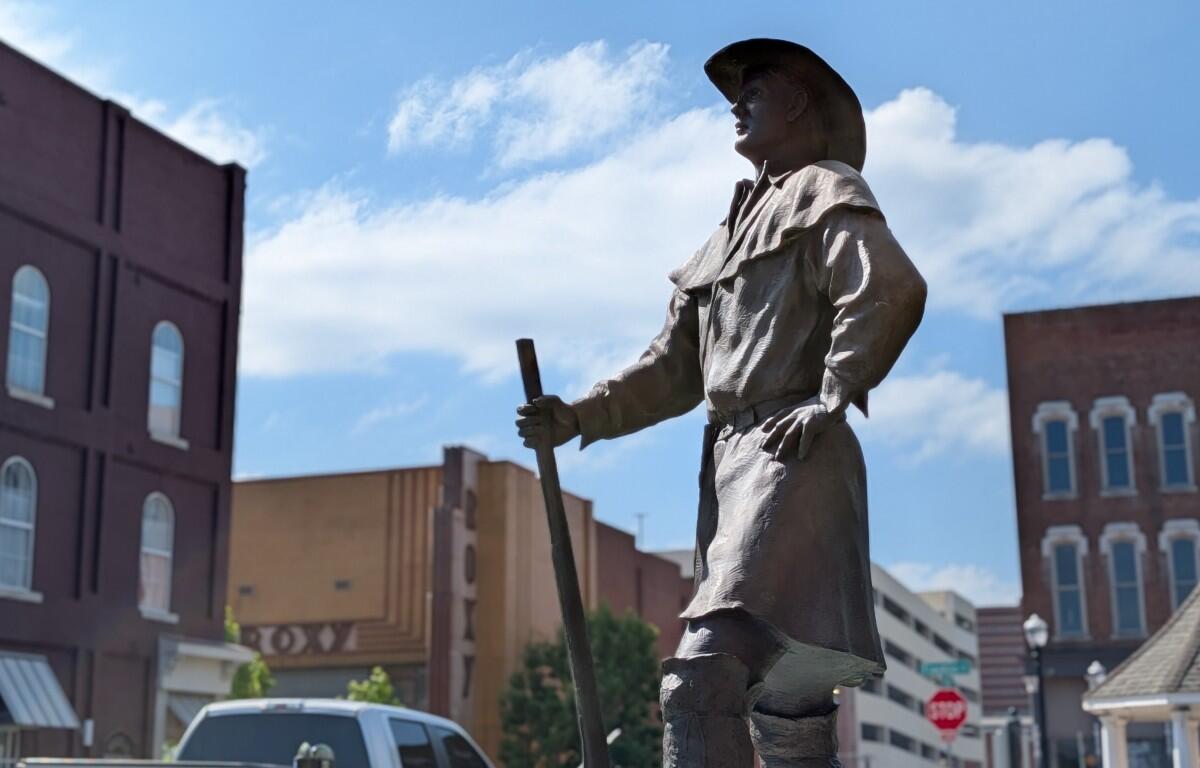The statue of John Montgomery, the namesake of Montgomery County, on First Street outside Clarksville City Hall on June 11, 2026. (Chris Smith)