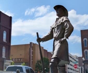 The statue of John Montgomery, the namesake of Montgomery County, on First Street outside Clarksville City Hall on June 11, 2026. (Chris Smith)