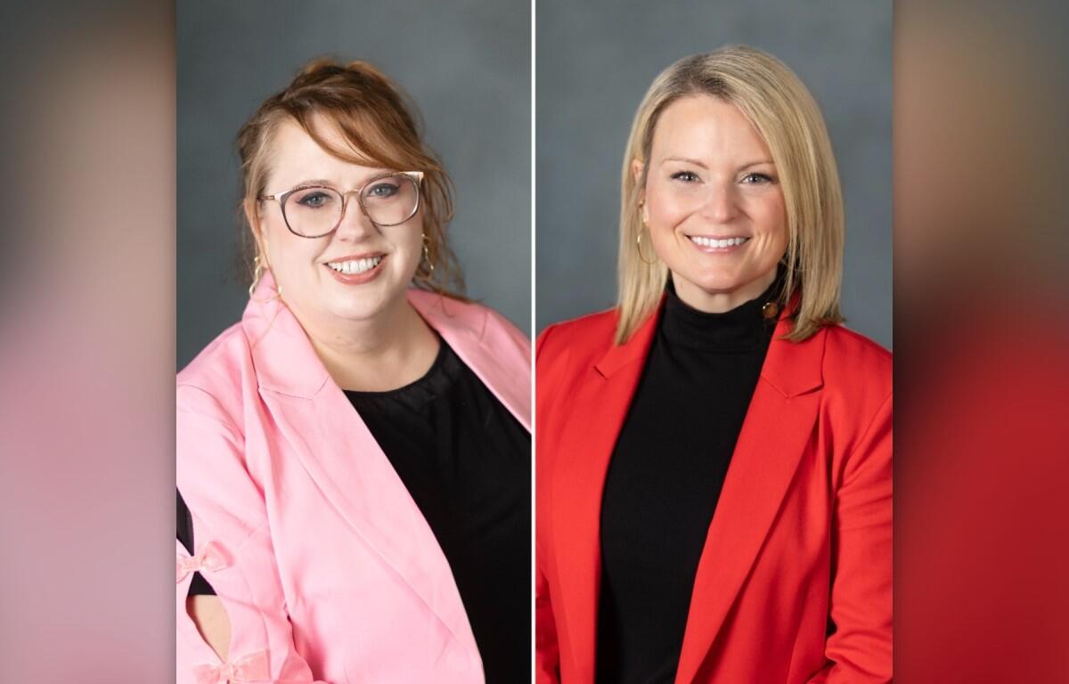 Side-by-side portraits: left woman in pink blazer and glasses, right woman in red blazer with black top, gray backdrop.
