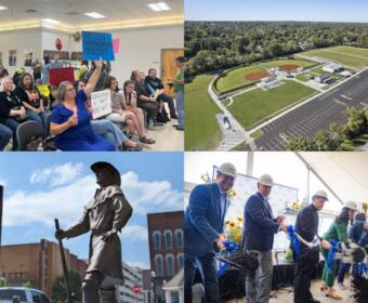Clockwise from the top left, public removed from school board meeting, Stokes Park, Ascension Clarksville Medical Campus, 10 people who changed Clarksville.