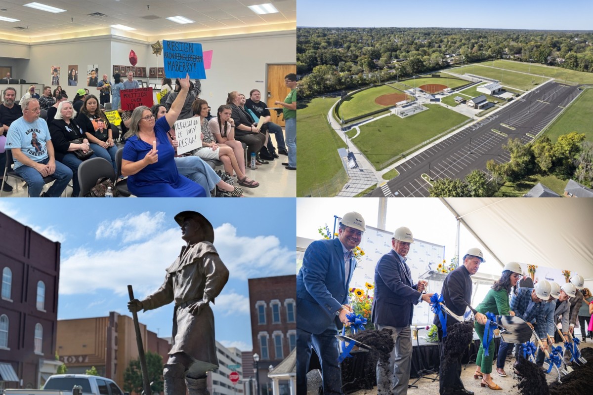 Clockwise from the top left, public removed from school board meeting, Stokes Park, Ascension Clarksville Medical Campus, 10 people who changed Clarksville.