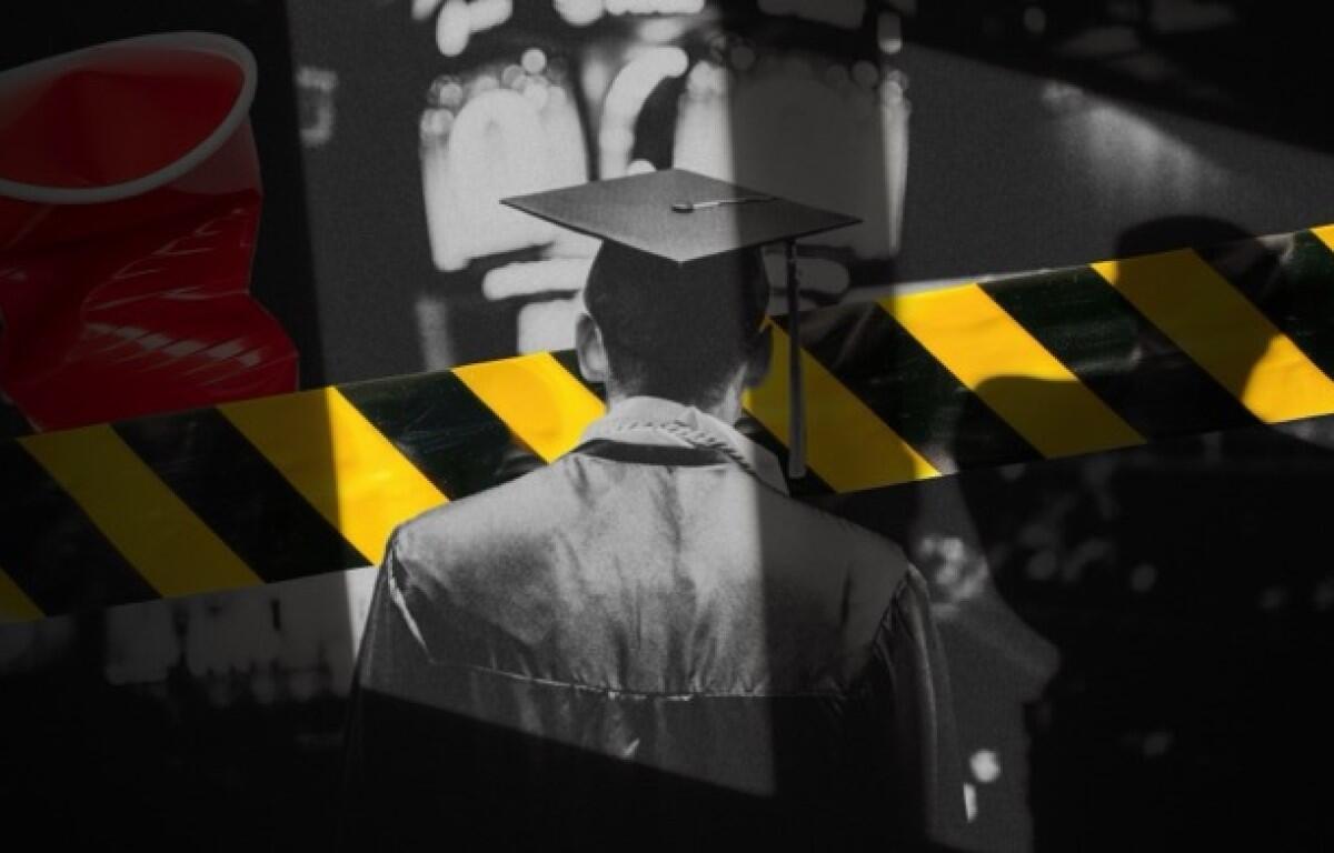 Graduate in cap and gown seen from behind with yellow-and-black caution tape across the foreground.