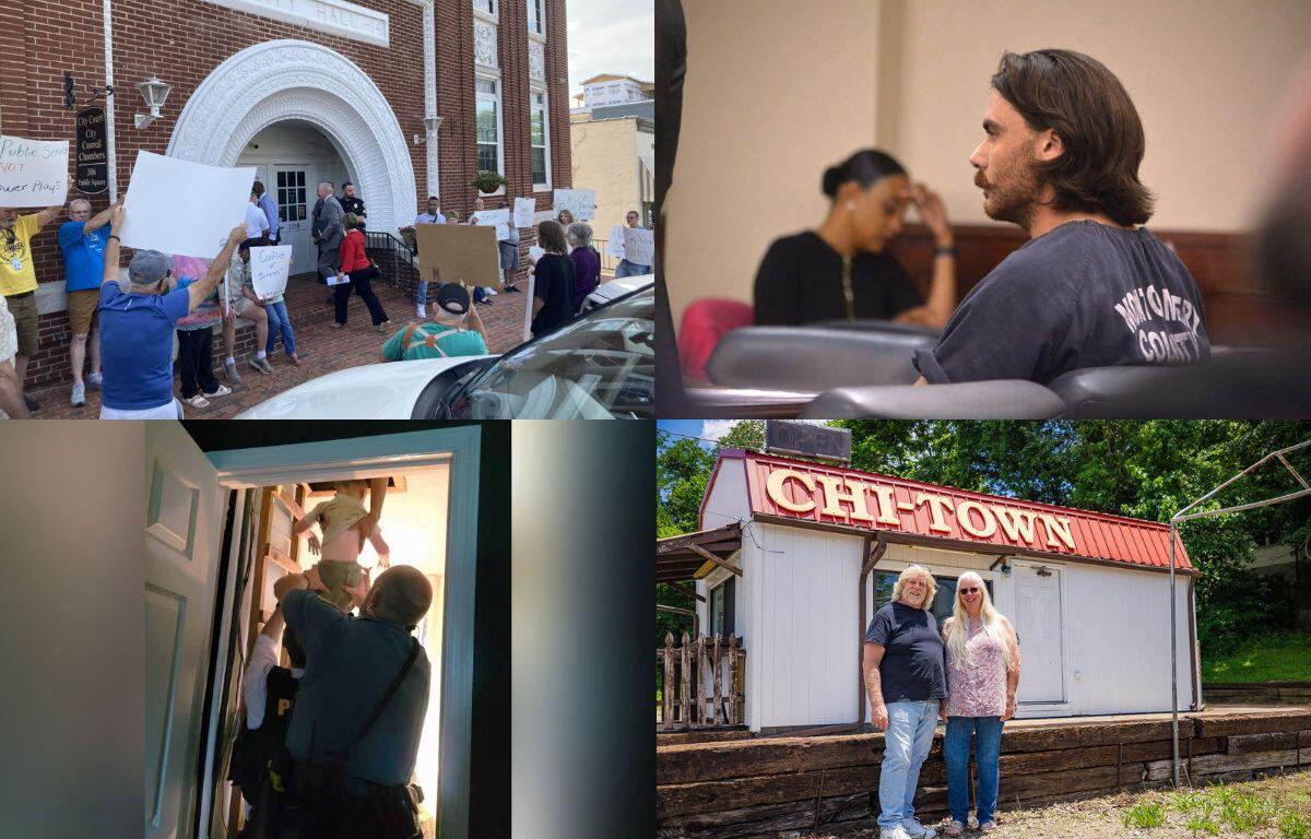 Clockwise from the top left, protest over Senior Center, Dalton Eatherly in court, Chi-Town Hot Dogs and boy rescued from attic.