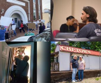Clockwise from the top left, protest over Senior Center, Dalton Eatherly in court, Chi-Town Hot Dogs and boy rescued from attic.