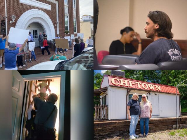 Clockwise from the top left, protest over Senior Center, Dalton Eatherly in court, Chi-Town Hot Dogs and boy rescued from attic.