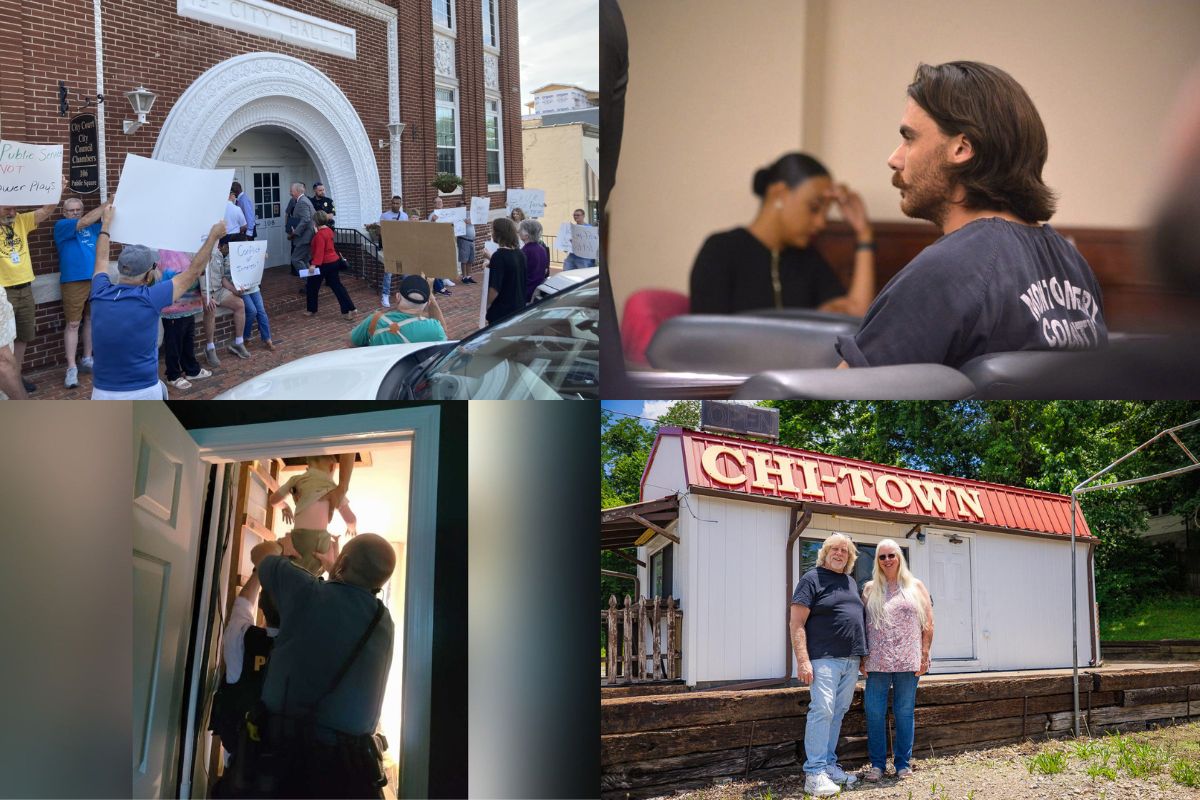 Clockwise from the top left, protest over Senior Center, Dalton Eatherly in court, Chi-Town Hot Dogs and boy rescued from attic.