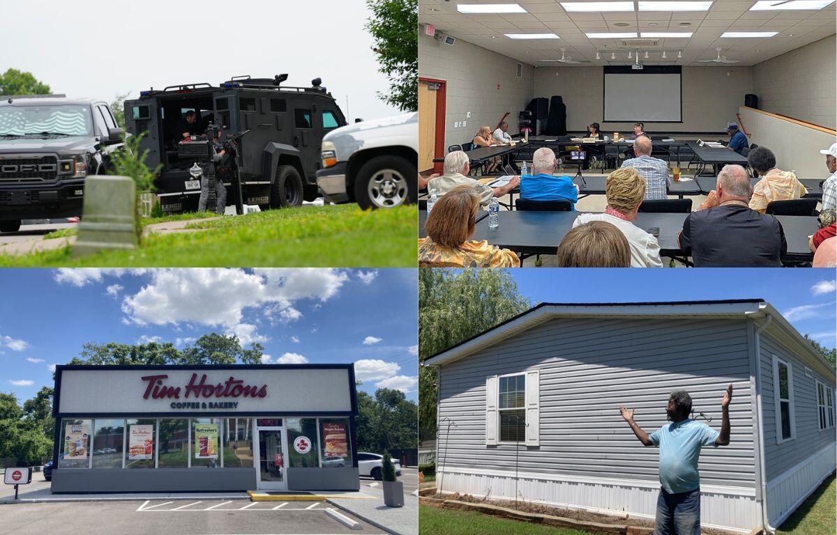 Clockwise from the top left, police standoff, Senior Citizens Board meeting, Keith Cherry's roof and Tim Hortons.