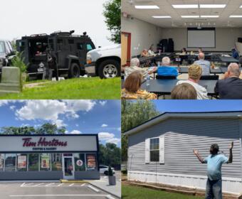 Clockwise from the top left, police standoff, Senior Citizens Board meeting, Keith Cherry's roof and Tim Hortons.