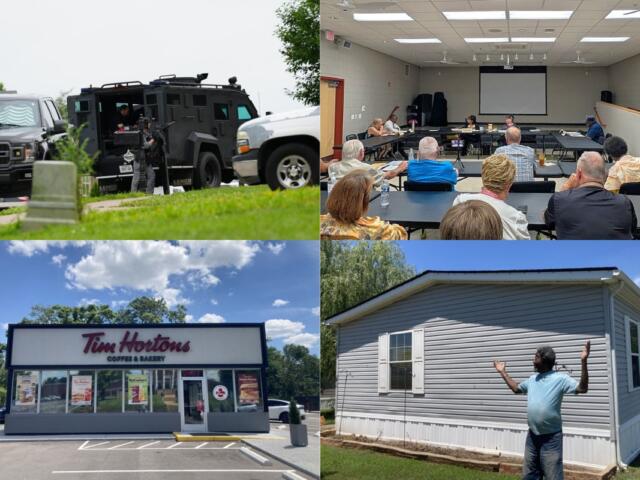 Clockwise from the top left, police standoff, Senior Citizens Board meeting, Keith Cherry's roof and Tim Hortons.