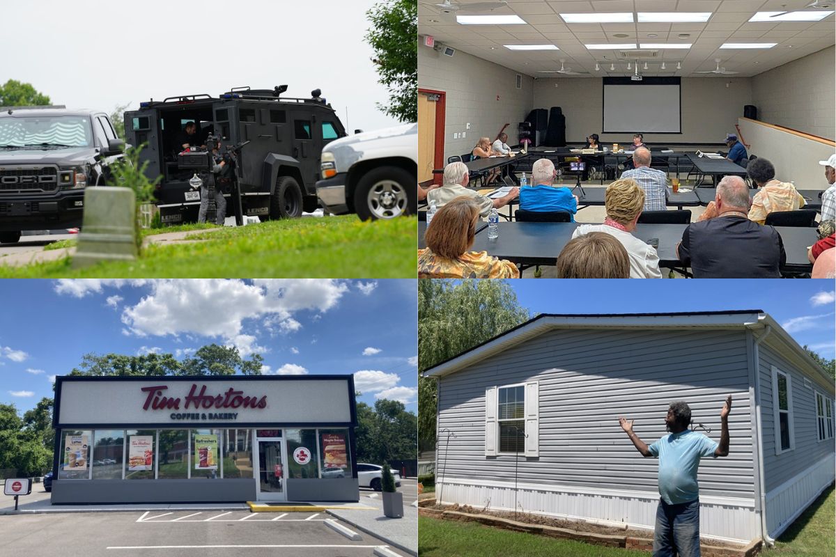 Clockwise from the top left, police standoff, Senior Citizens Board meeting, Keith Cherry's roof and Tim Hortons.