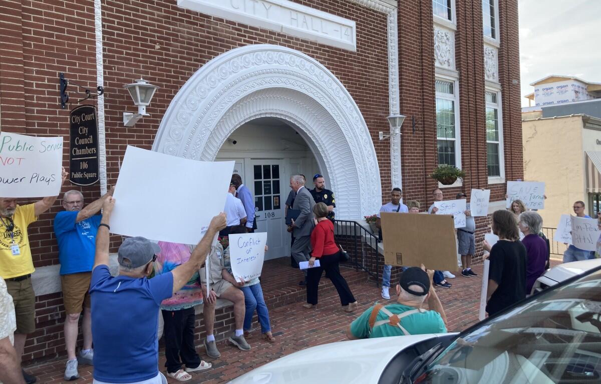 Senior center protest outside City Council Chambers on June 5, 2026. (Christian Brown)