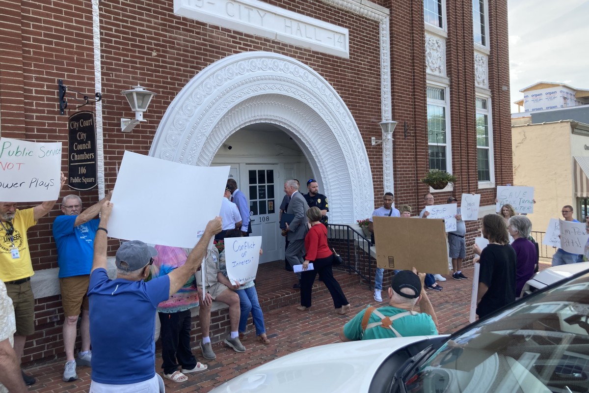 Senior center protest outside City Council Chambers on June 5, 2026. (Christian Brown)