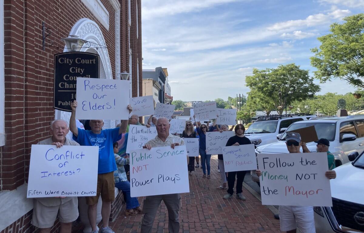 Senior center protest outside City Council Chambers on June 5, 2026. (Christian Brown)