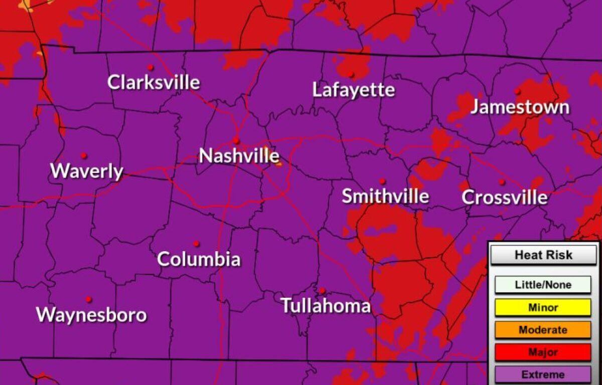 Heat risk this week as of Tuesday, June 30, 2026, in Middle Tennessee. (NWS, contributed)