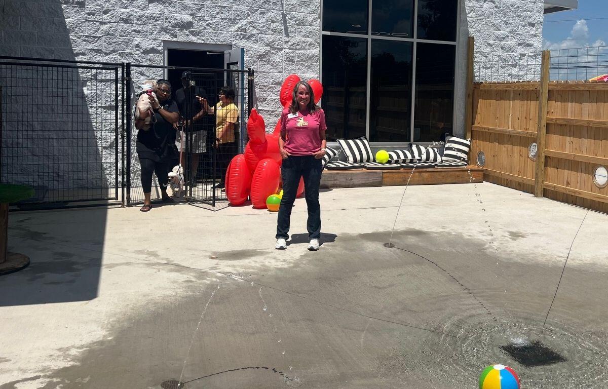 Woman in pink shirt stands in a backyard with red heart balloons and a colorful beach ball by a water fountain; group with dogs near a gated area in background.