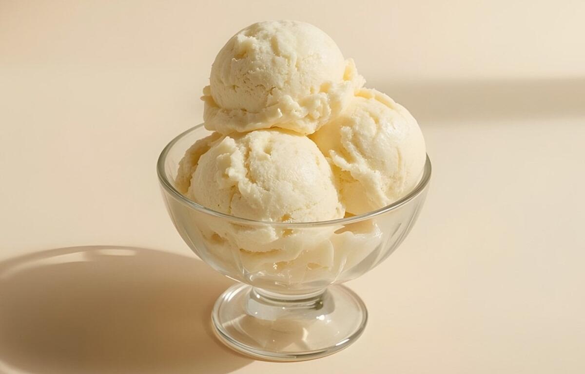 Vanilla ice cream scoops stacked in a clear glass dessert bowl on a pale background, with a soft shadow nearby.