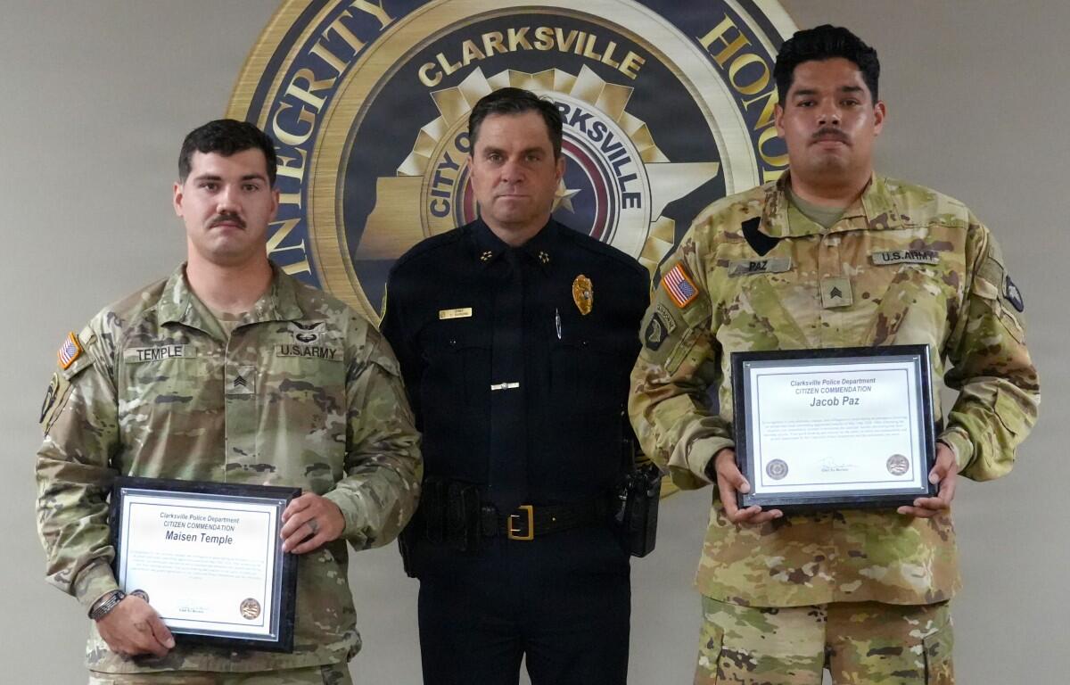 Clarksville Police Chief Ty Burdine with U.S. Army Sgt. Maisen Temple (left) and Sgt. Jacob Paz on June 24, 2026. (Scott Beaubien, contributed)