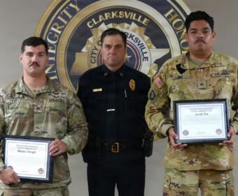 Clarksville Police Chief Ty Burdine with U.S. Army Sgt. Maisen Temple (left) and Sgt. Jacob Paz on June 24, 2026. (Scott Beaubien, contributed)
