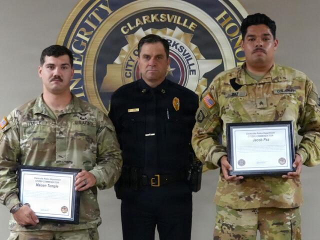 Clarksville Police Chief Ty Burdine with U.S. Army Sgt. Maisen Temple (left) and Sgt. Jacob Paz on June 24, 2026. (Scott Beaubien, contributed)