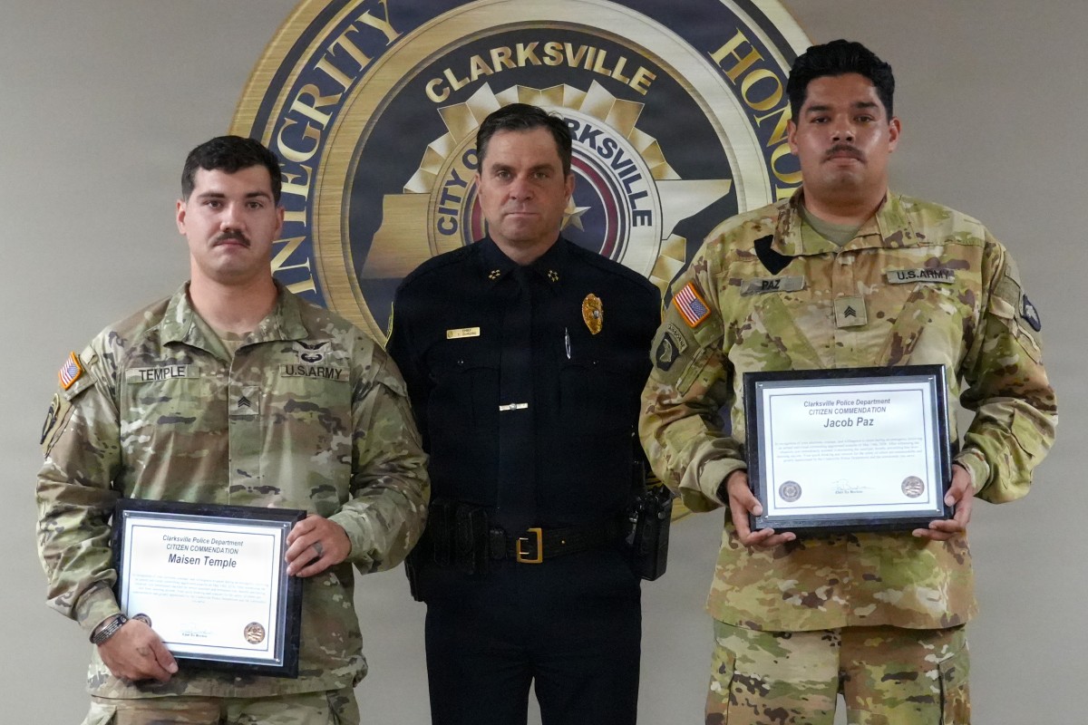 Clarksville Police Chief Ty Burdine with U.S. Army Sgt. Maisen Temple (left) and Sgt. Jacob Paz on June 24, 2026. (Scott Beaubien, contributed)