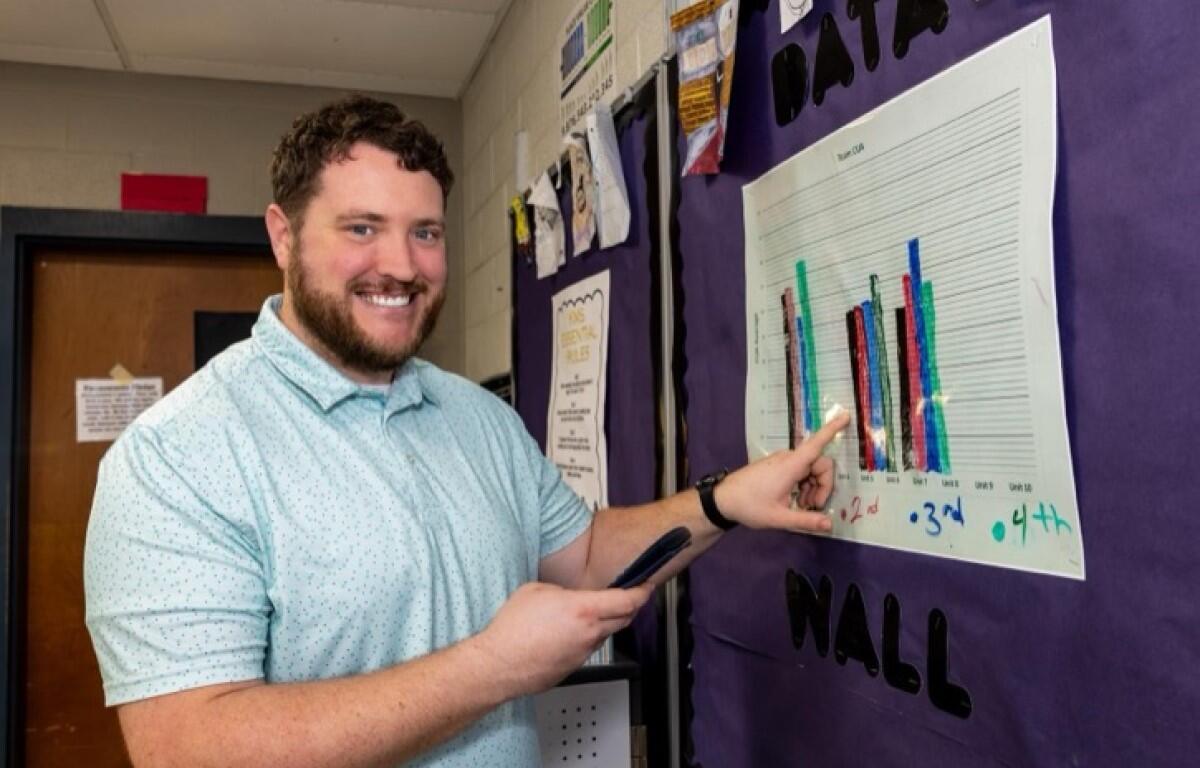 Smiling man in a light blue polo points to a multicolored bar chart posted on a purple hallway bulletin board to explain the data.