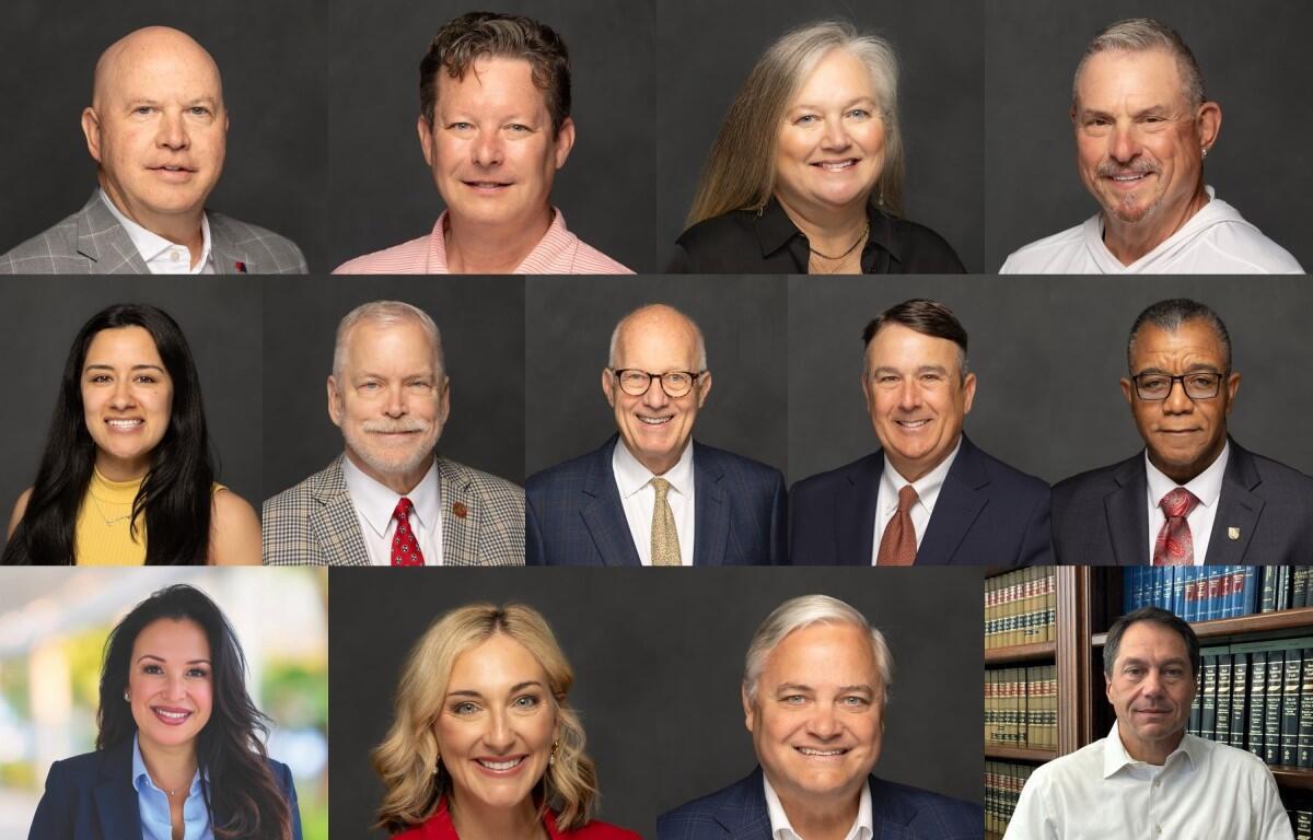 Collage of twelve professional headshots against a dark background, all smiling in business attire used for corporate portraits.