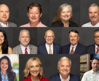 Collage of twelve professional headshots against a dark background, all smiling in business attire used for corporate portraits.