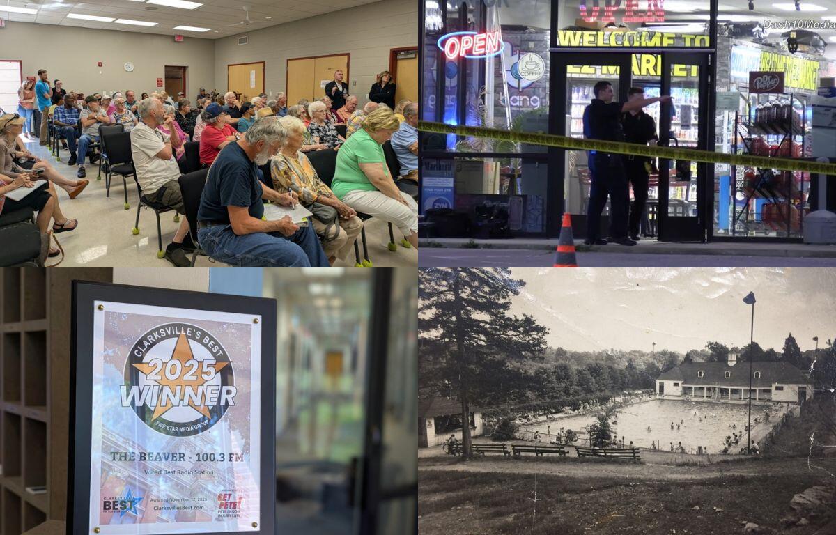 Collage showing four scenes: a crowded community meeting, a storefront with police tape outside, a framed '2025 Winner' award at a radio station, and a vintage black-and-white pool complex photo.