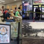 Collage showing four scenes: a crowded community meeting, a storefront with police tape outside, a framed '2025 Winner' award at a radio station, and a vintage black-and-white pool complex photo.