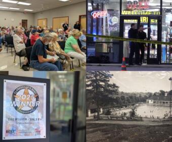 Collage showing four scenes: a crowded community meeting, a storefront with police tape outside, a framed '2025 Winner' award at a radio station, and a vintage black-and-white pool complex photo.
