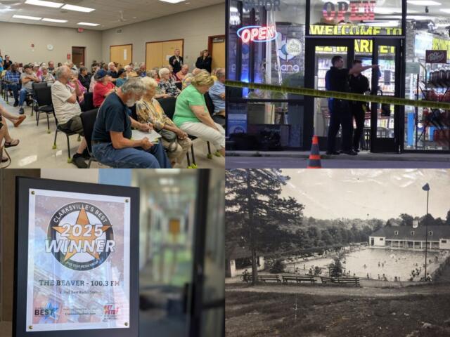 Collage showing four scenes: a crowded community meeting, a storefront with police tape outside, a framed '2025 Winner' award at a radio station, and a vintage black-and-white pool complex photo.