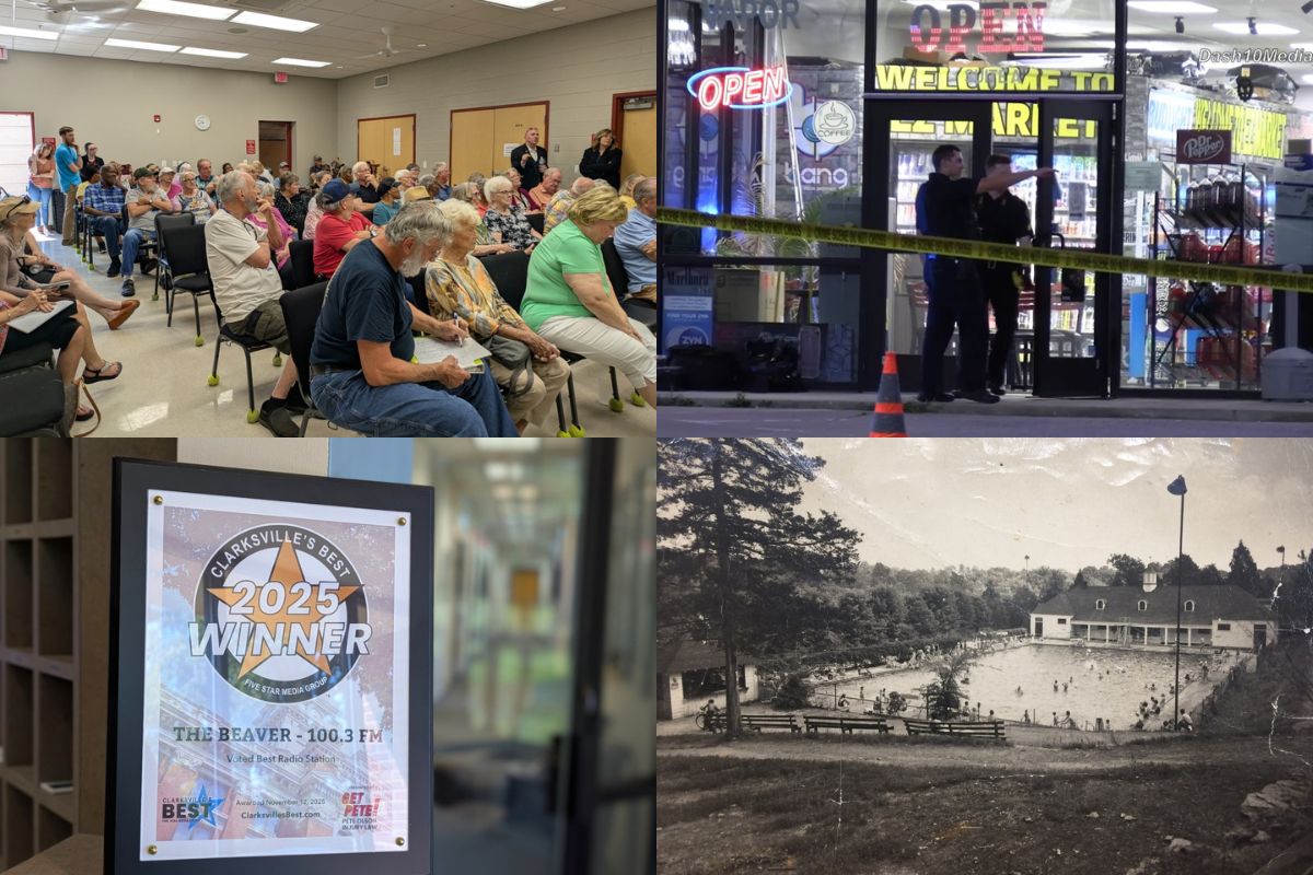 Collage showing four scenes: a crowded community meeting, a storefront with police tape outside, a framed '2025 Winner' award at a radio station, and a vintage black-and-white pool complex photo.